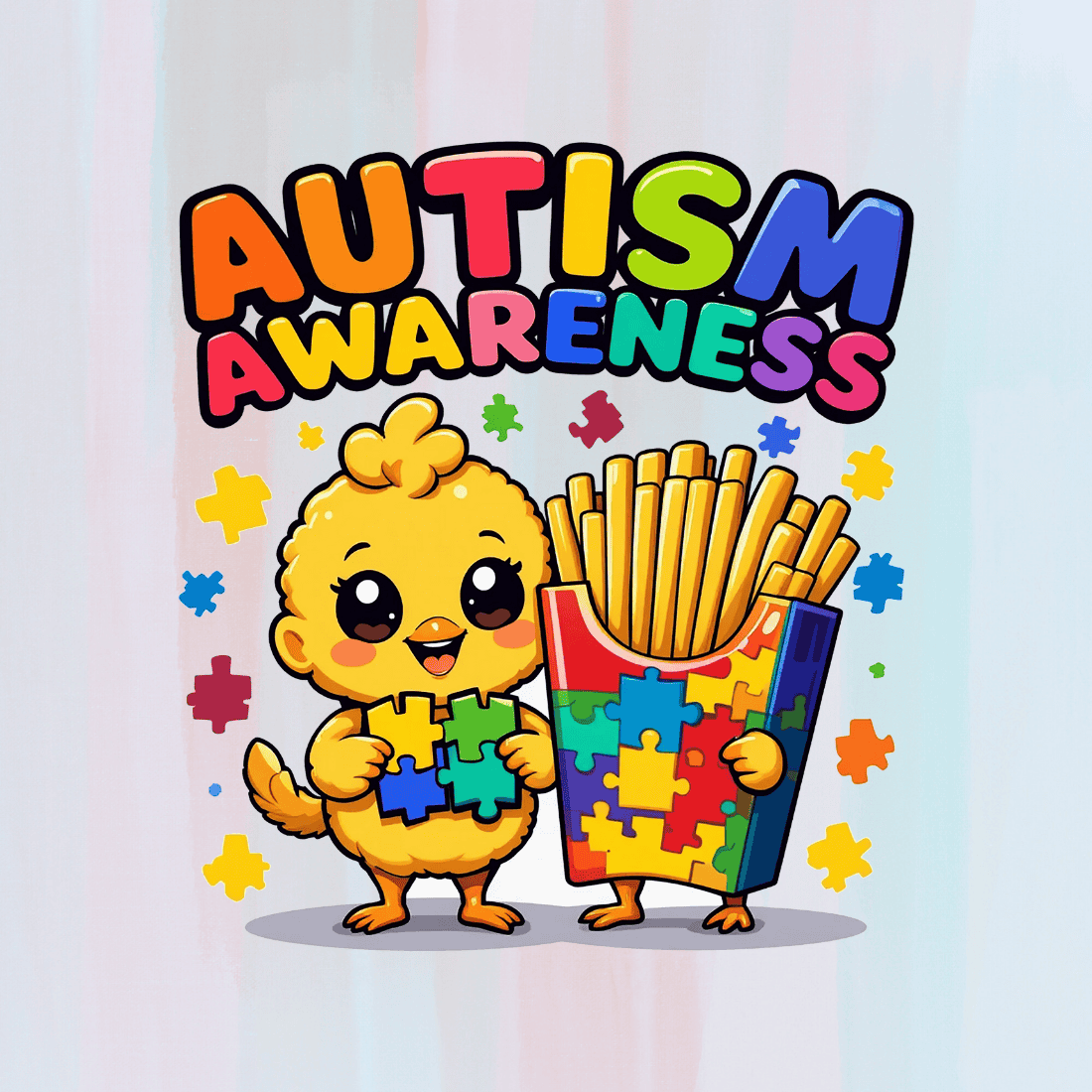 Autism awareness cartoon chick with French fries and puzzle pieces T-Shirt Design preview image.