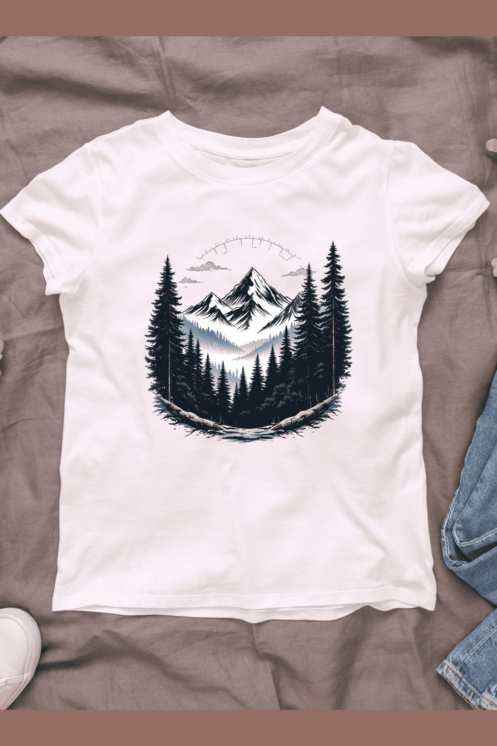 Peaceful Mountain and Forest Scene T-shirt Design pinterest preview image.