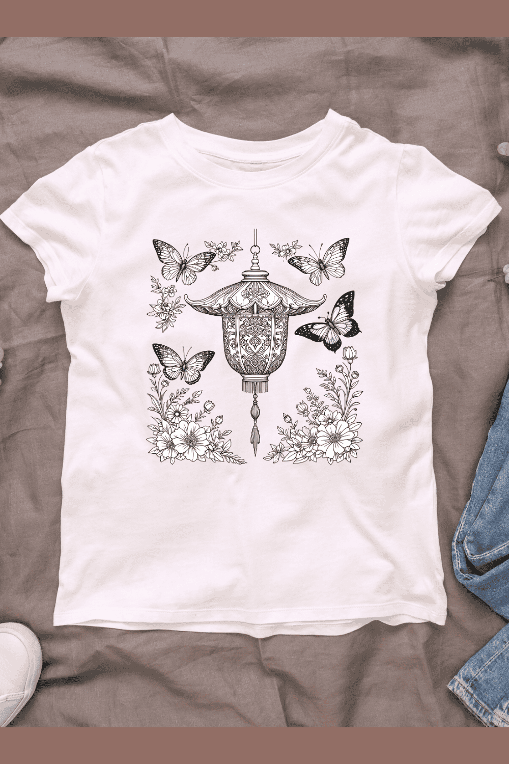 Lantern with Butterflies and Blooming Flowers T-shirt Design pinterest preview image.