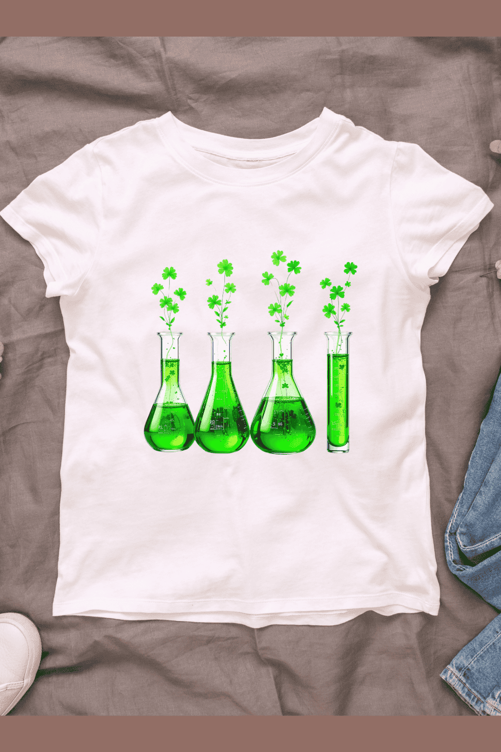 Science Experiment with Lucky Shamrocks T-shirt Design pinterest preview image.