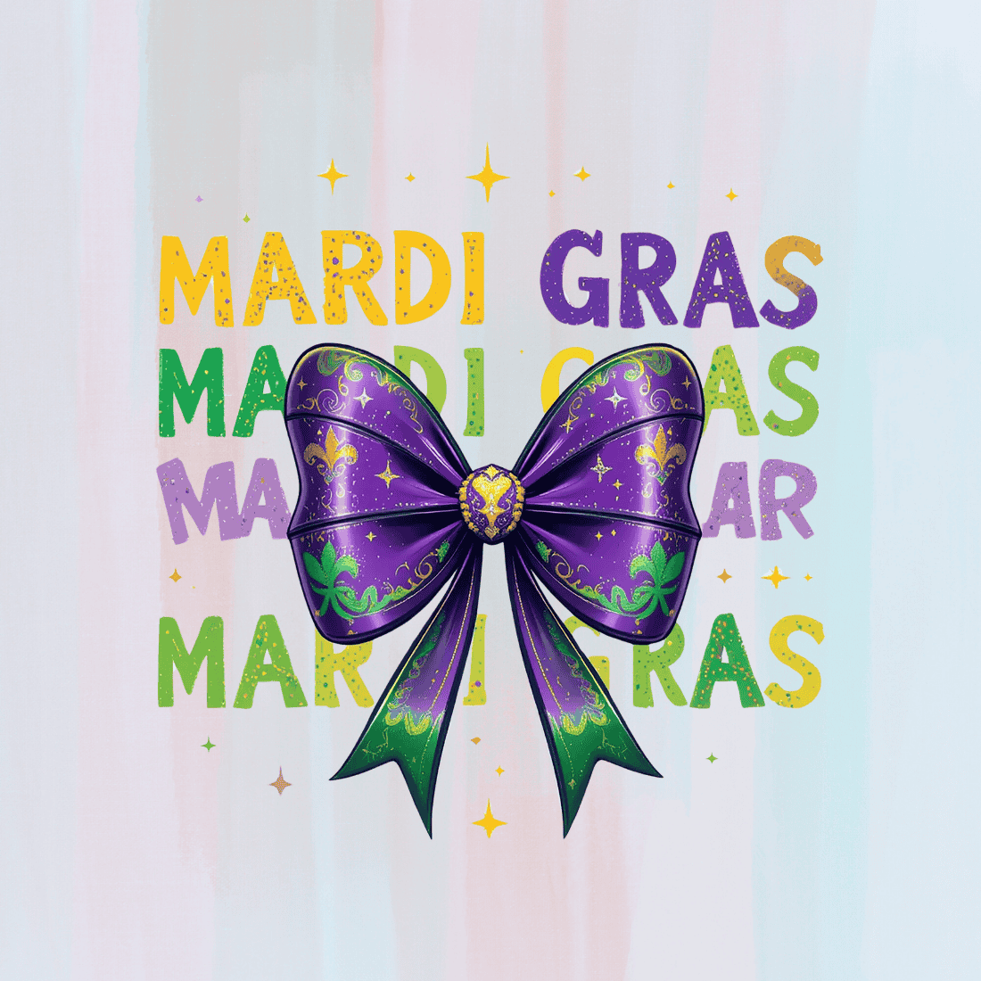 Colorful Mardi Gras Text with Bow T-shirt Design preview image.