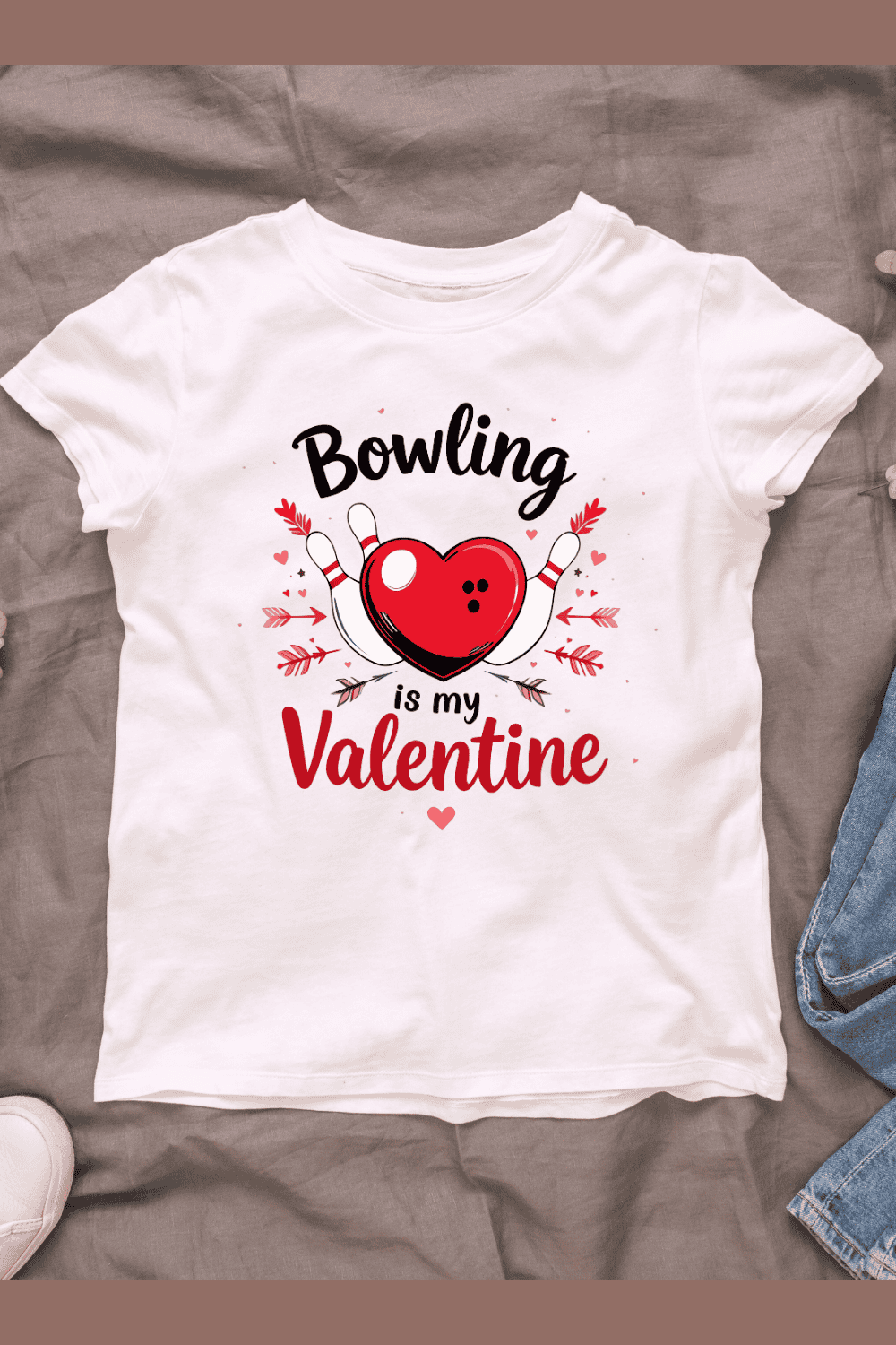 Bowling pin and ball heart shape Valentine T-Shirt Design pinterest preview image.