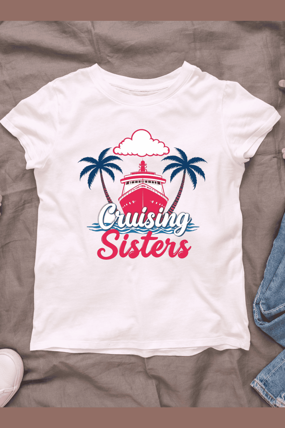 "Cruising Sisters" text with nautical theme T-Shirt Design pinterest preview image.