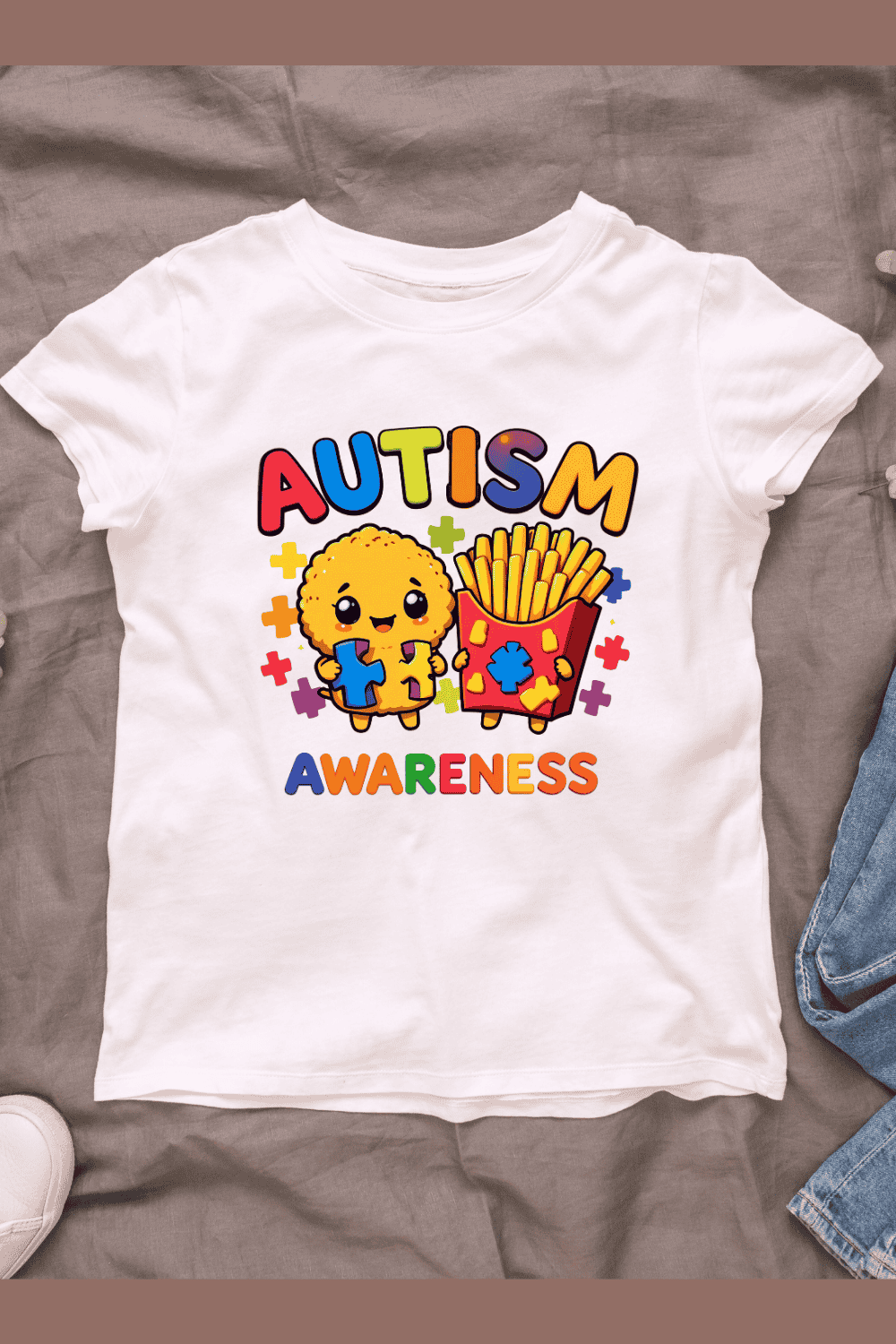 Autism Awareness Smiling Food with Puzzle T-Shirt Design pinterest preview image.