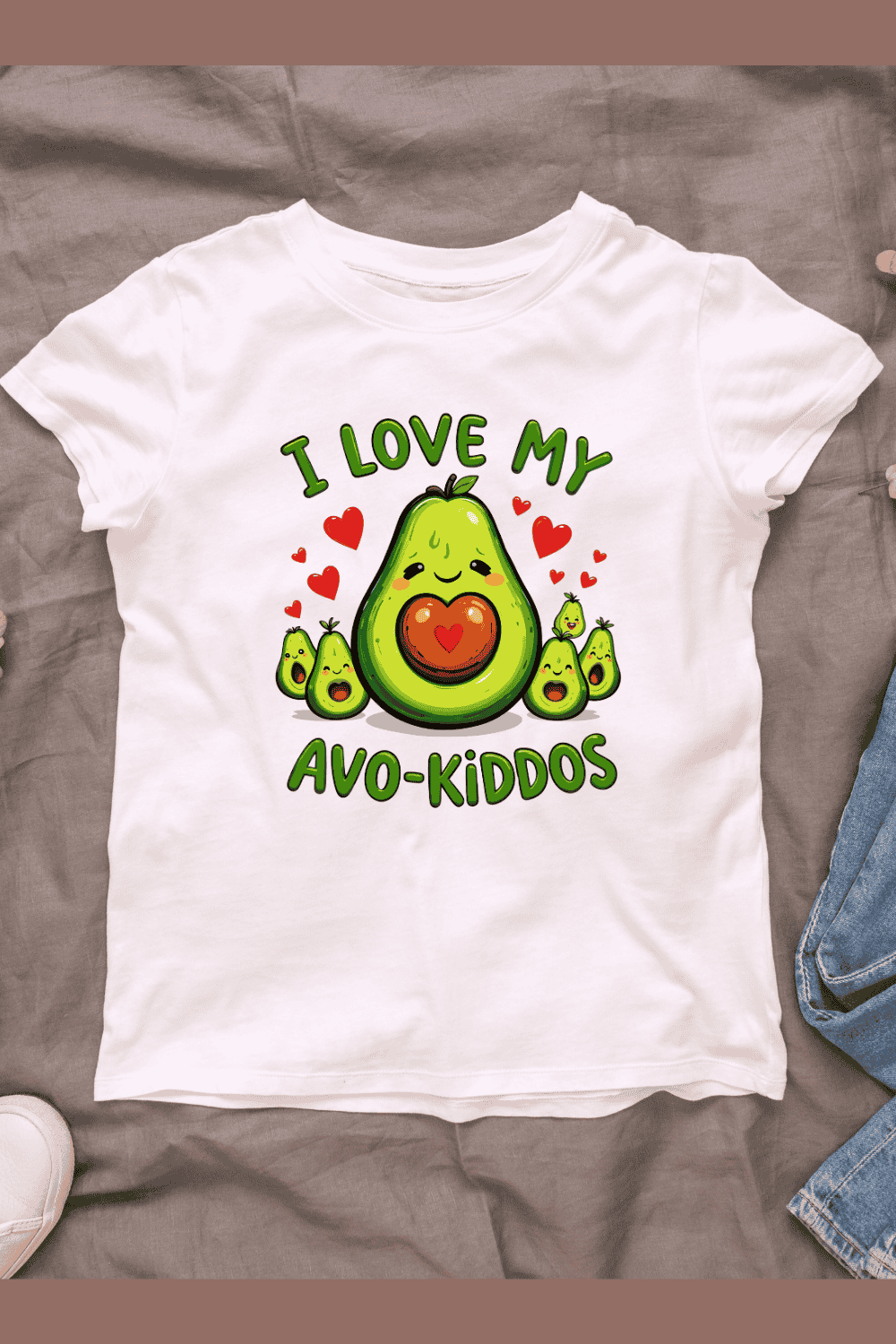 Happy Avocado with Hearts T-shirt Design pinterest preview image.