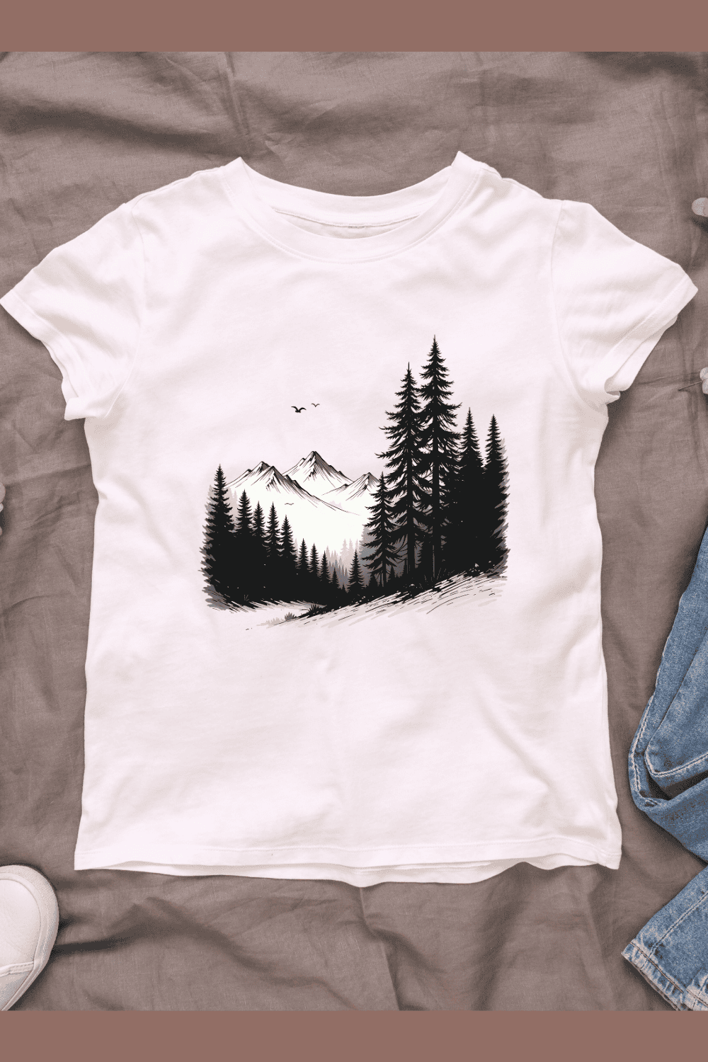 Serene Mountain and Forest T-shirt Design pinterest preview image.