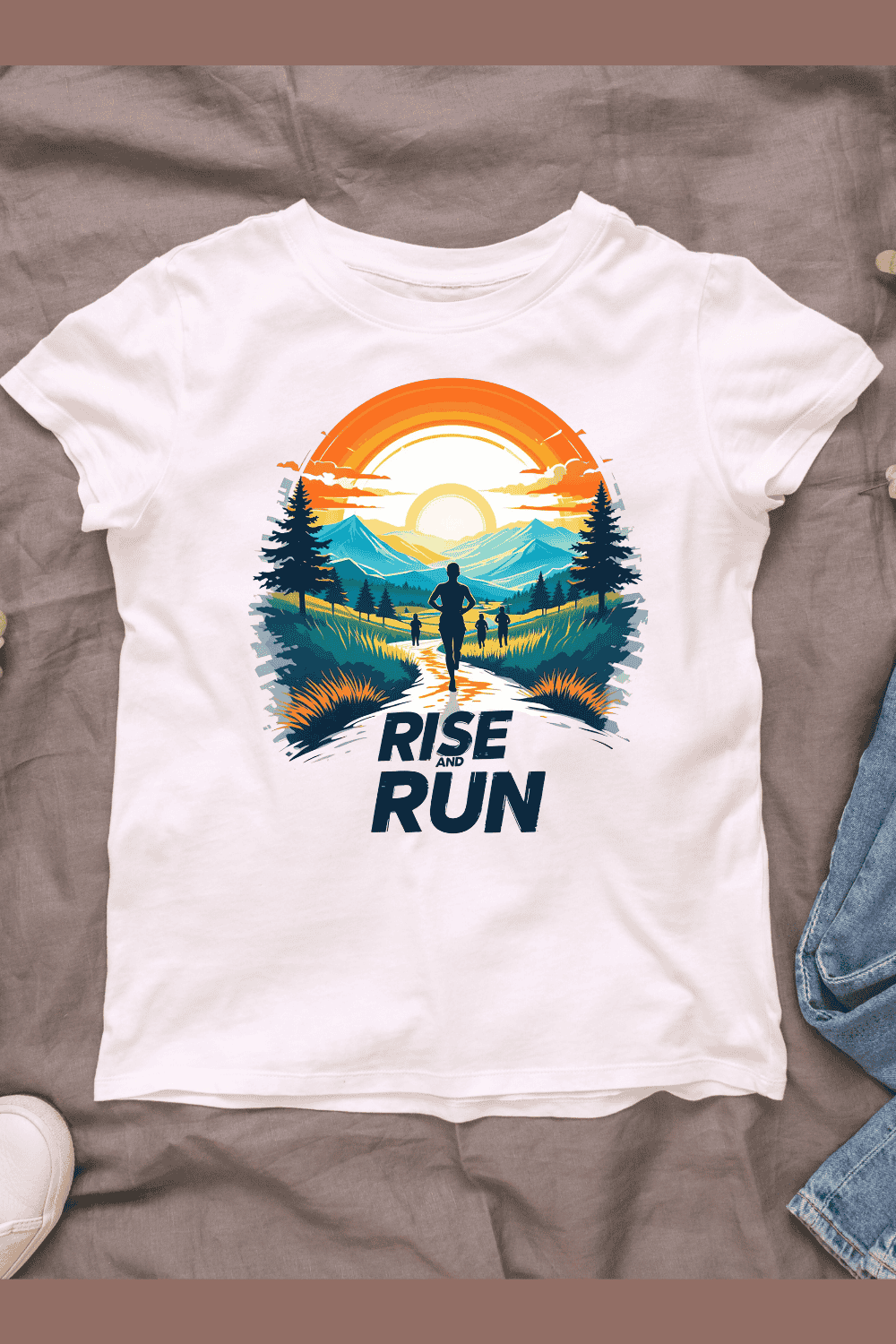 Silhouette Runners at Sunrise with Rise and Run Quote T-shirt Design pinterest preview image.