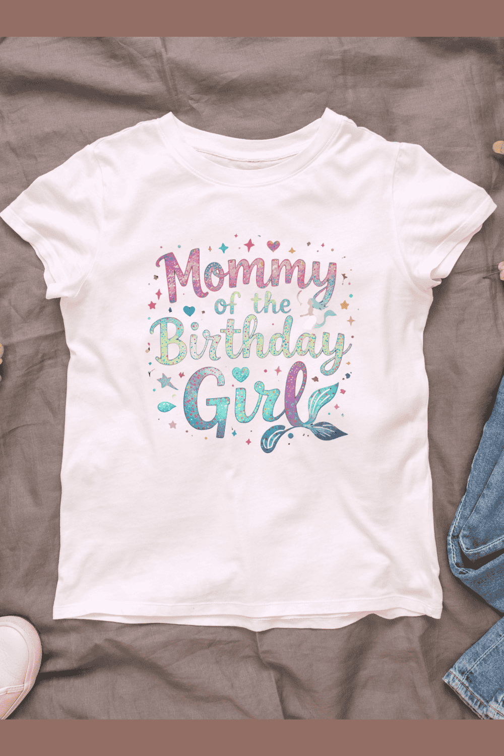 Pastel watercolor text, "Mommy of the Birthday Girl T-Shirt Design pinterest preview image.