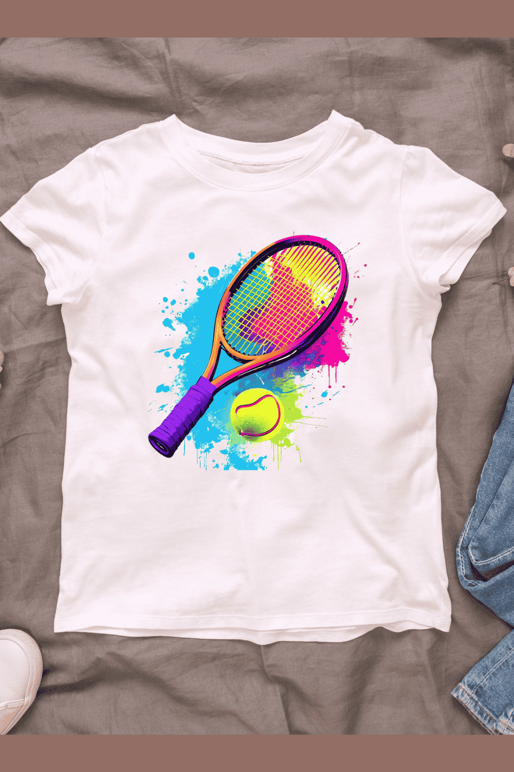 Colorful Tennis Racket and Ball with Splashes T-shirt Design pinterest preview image.