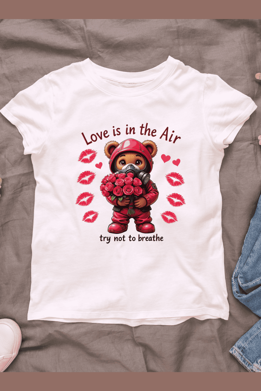 Teddy Bear with Gas Mask, Roses, and Love is in the Air Quote T-shirt Design pinterest preview image.