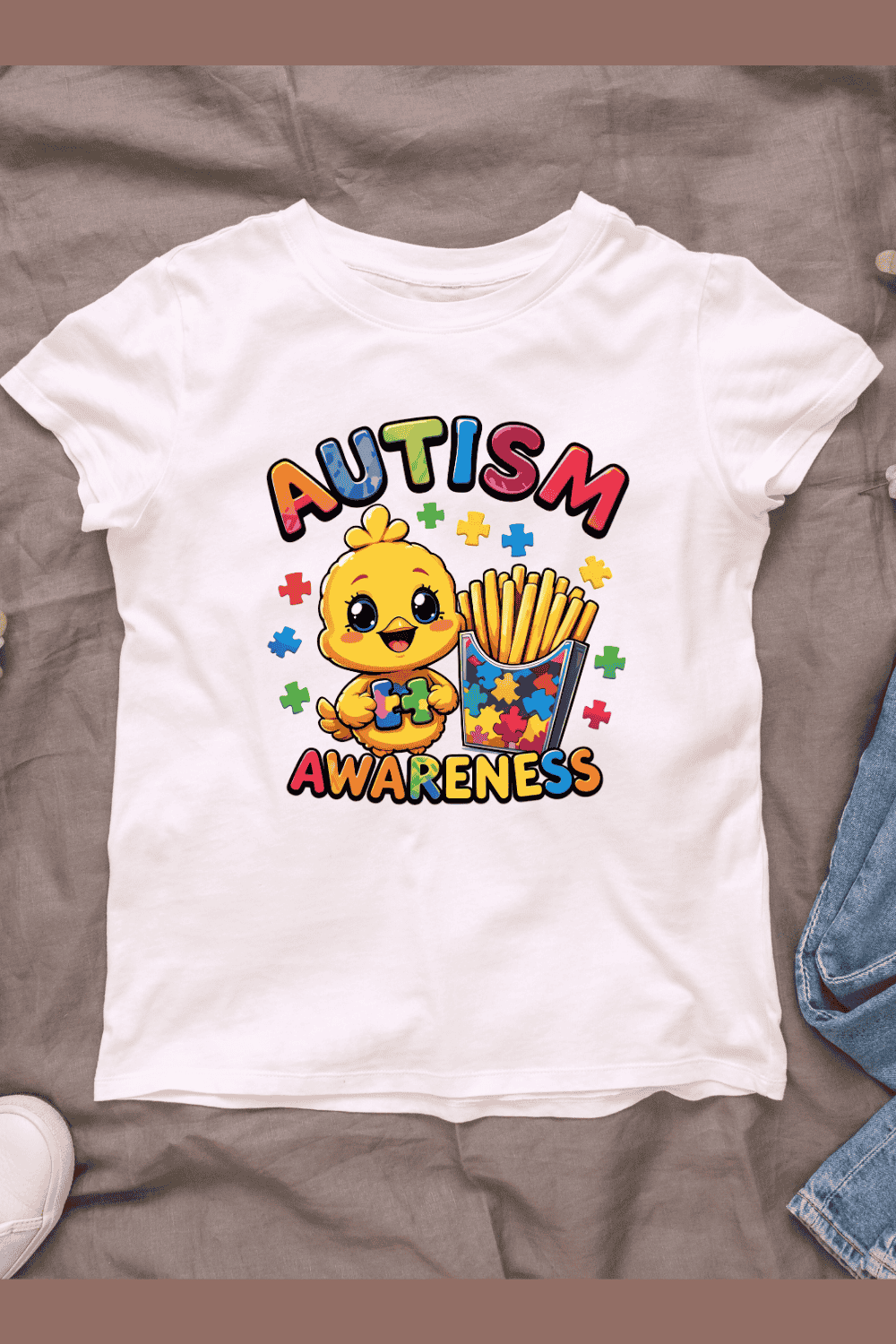 Autism awareness cartoon chick character with French fries and colorful puzzle pieces T-Shirt Design pinterest preview image.