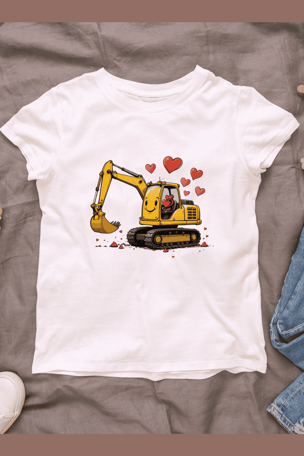 Loving Excavator with Heart Symbols T-shirt Design pinterest preview image.