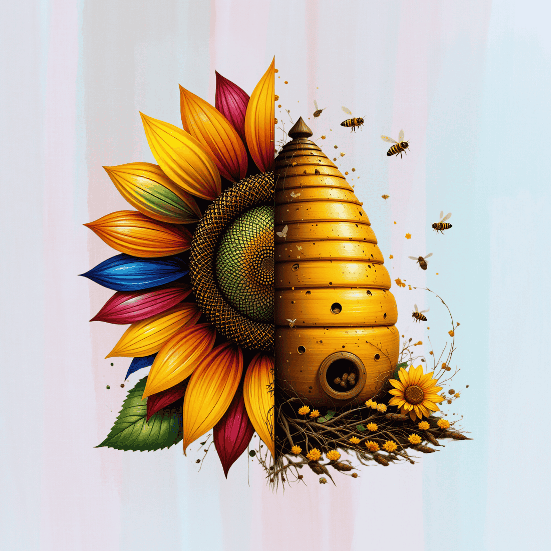 Colorful half sunflower with half beehive T-Shirt Design preview image.