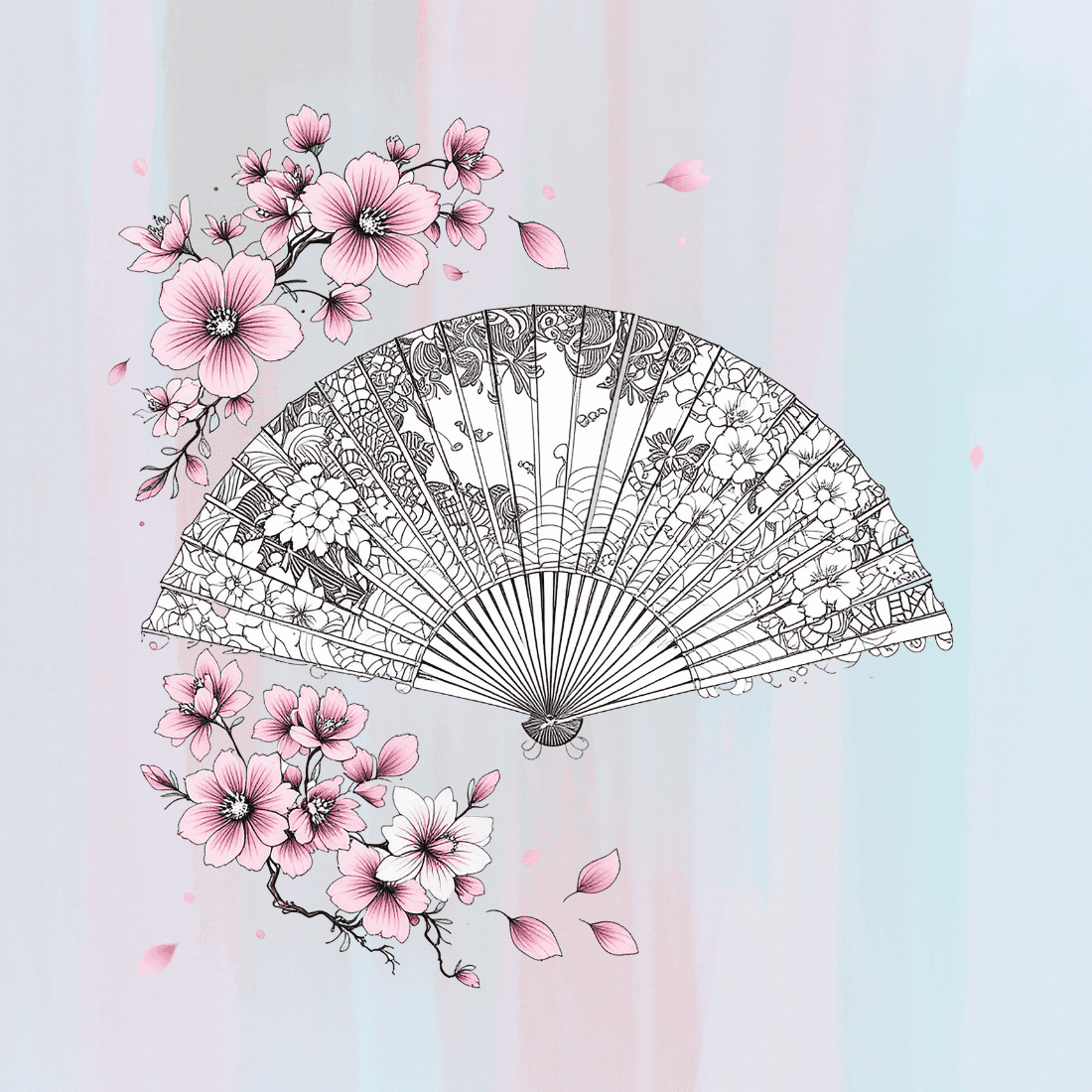 Japanese Style Fan with Flowers T-shirt Design preview image.