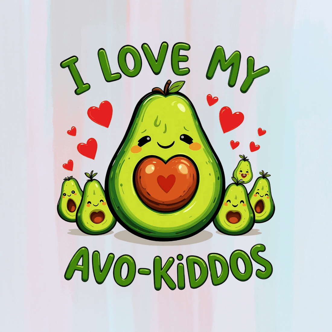 Happy Avocado with Hearts T-shirt Design preview image.