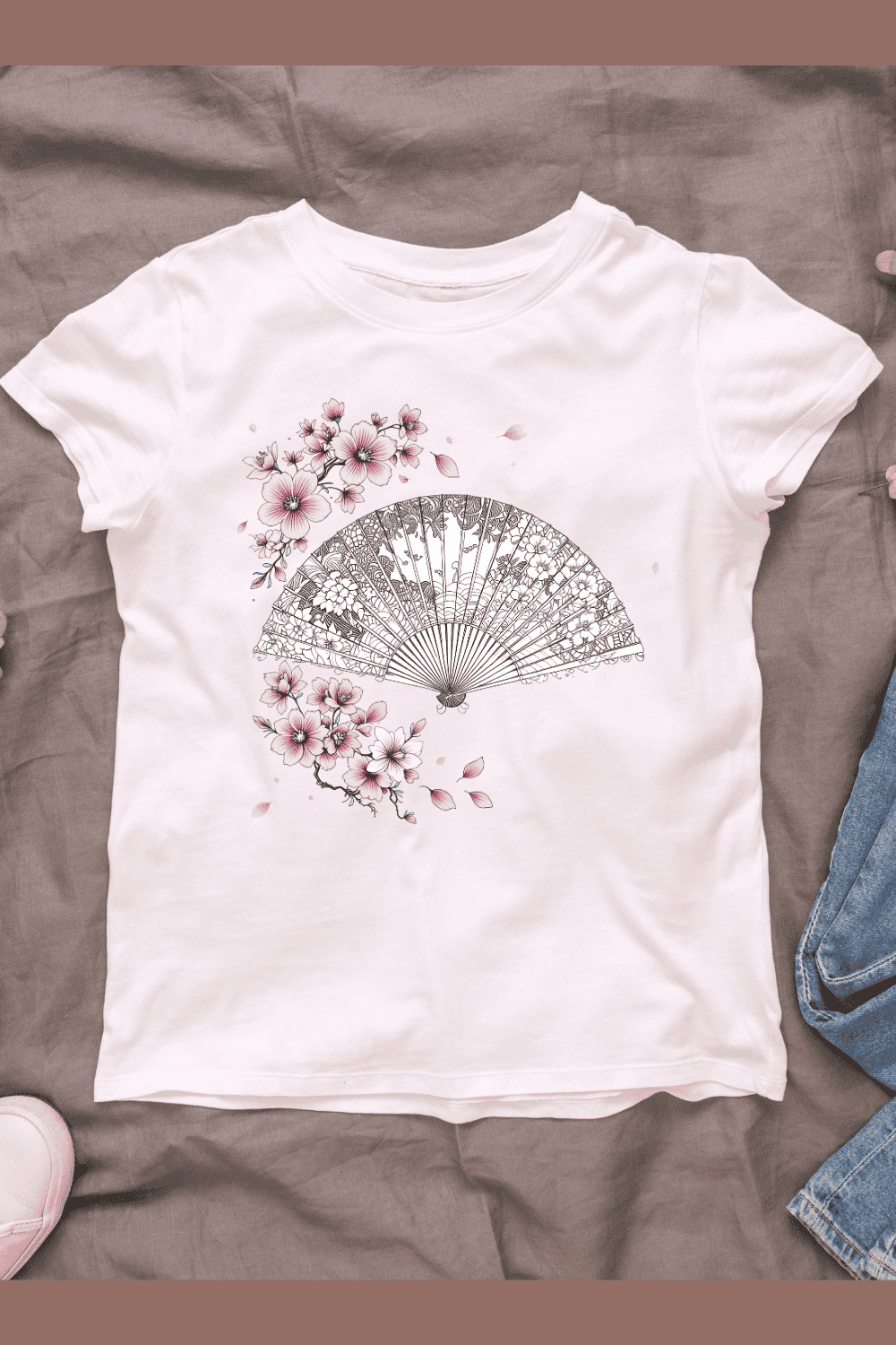 Japanese Style Fan with Flowers T-shirt Design pinterest preview image.