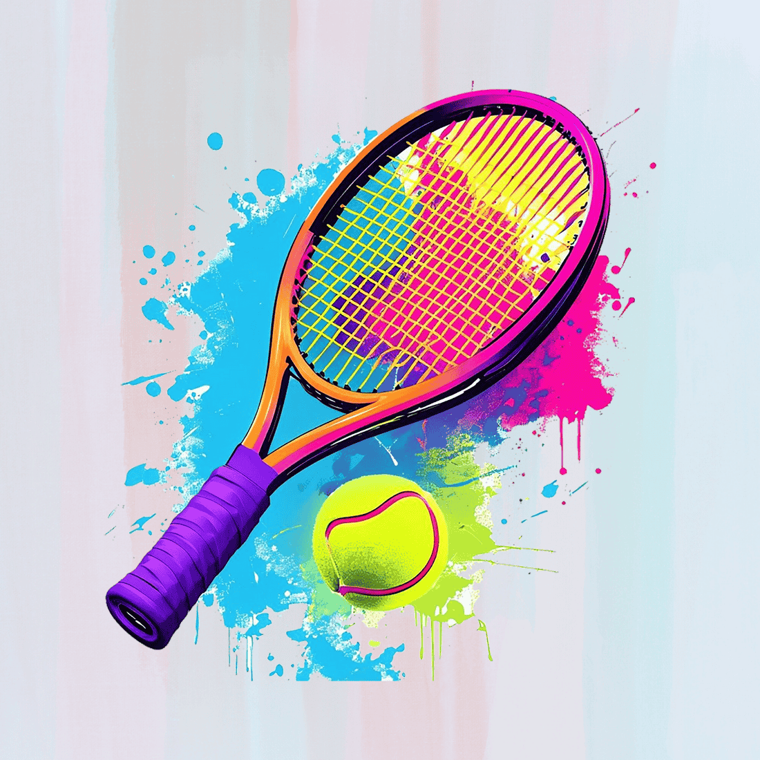 Colorful Tennis Racket and Ball with Splashes T-shirt Design preview image.