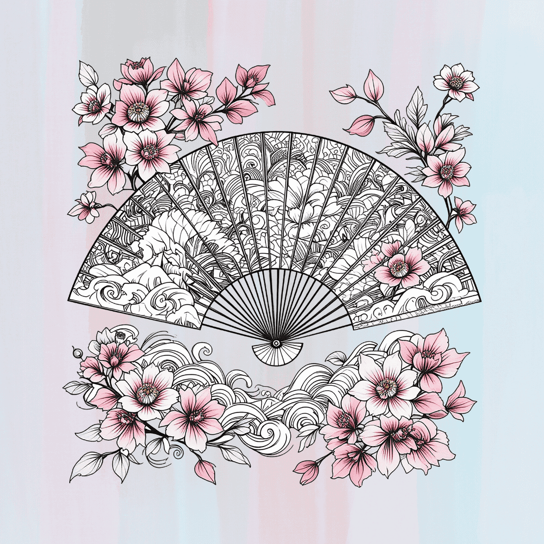 Hand Fan with Cherry Blossoms T-shirt Design preview image.