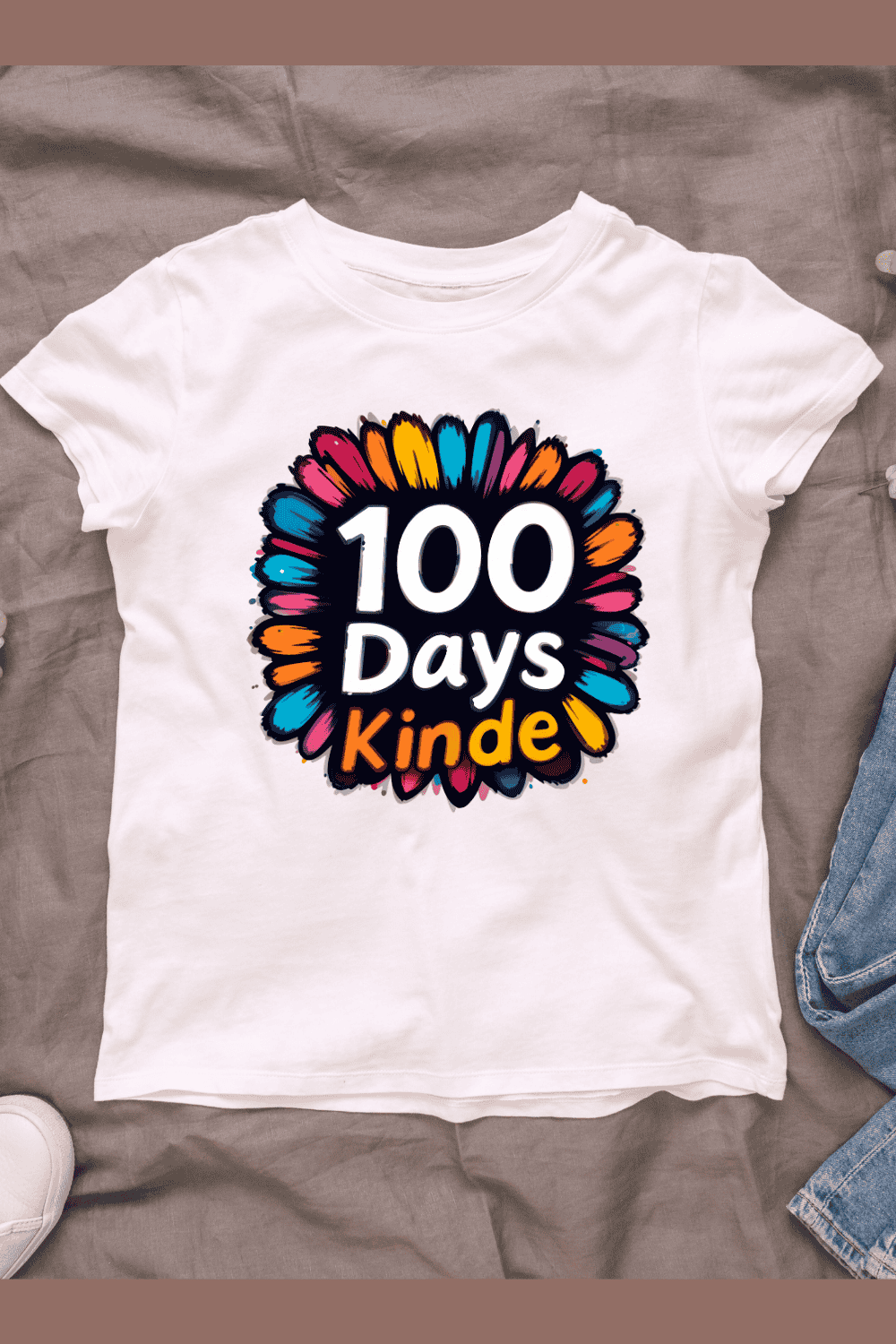 Colorful flower petals with"100 Days Kinder" text T-shirt Design pinterest preview image.