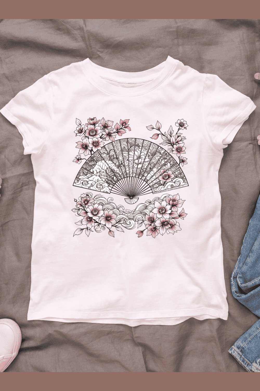 Hand Fan with Cherry Blossoms T-shirt Design pinterest preview image.