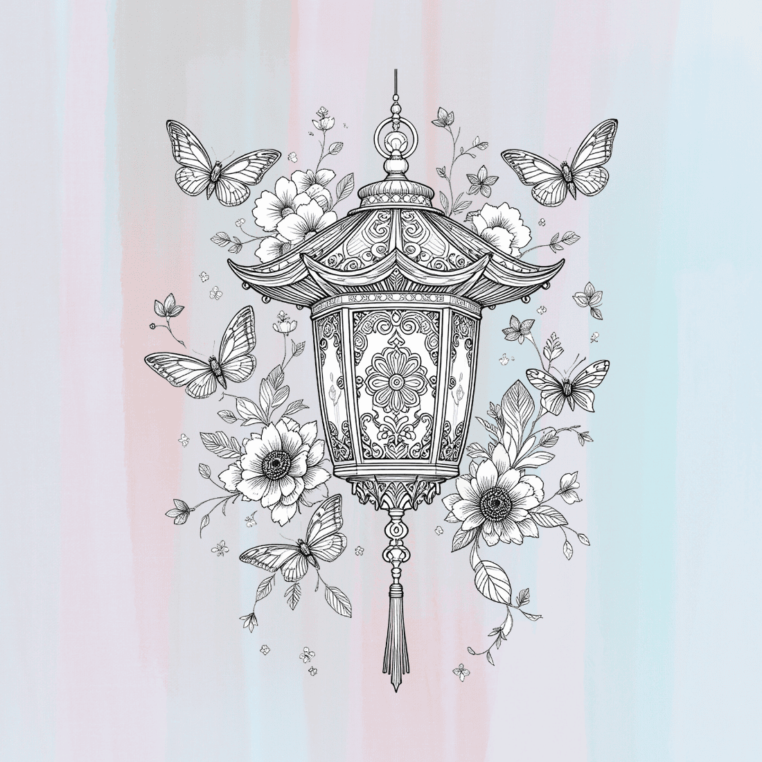 Lantern with Butterflies and Flowers T-shirt Design preview image.