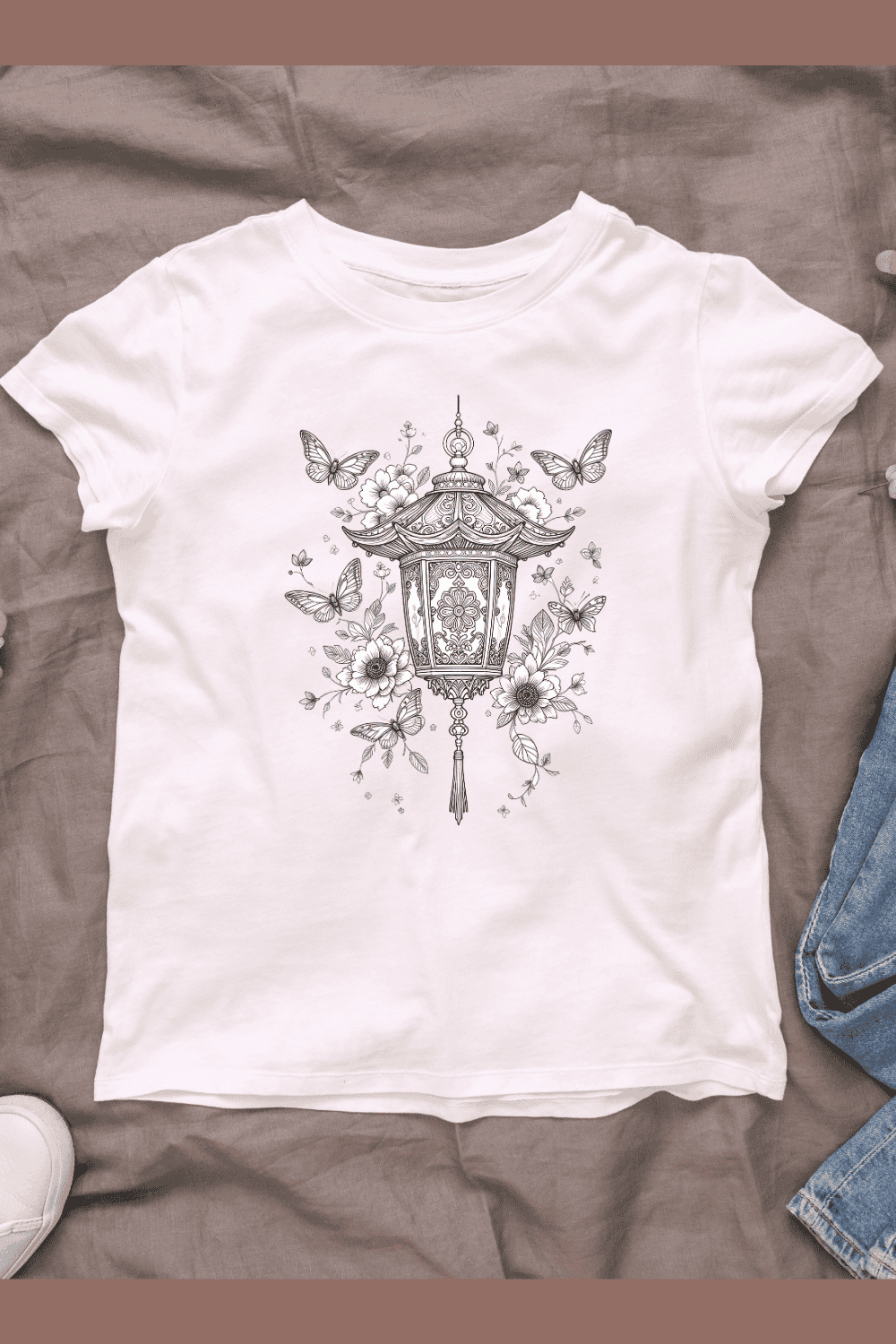 Lantern with Butterflies and Flowers T-shirt Design pinterest preview image.