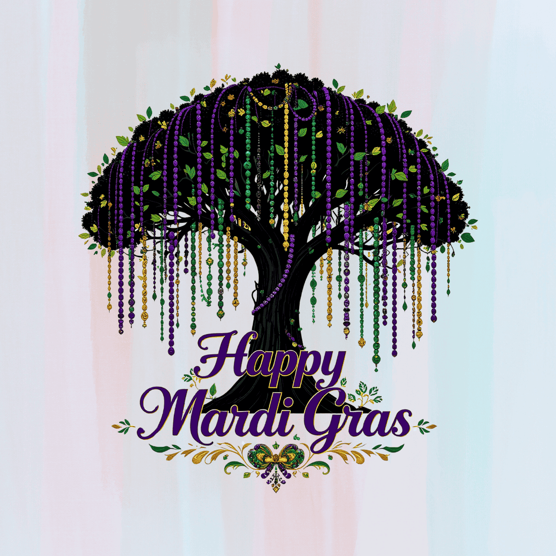 Mardi Gras tree silhouette with colorful beads hanging T-Shirt Design preview image.