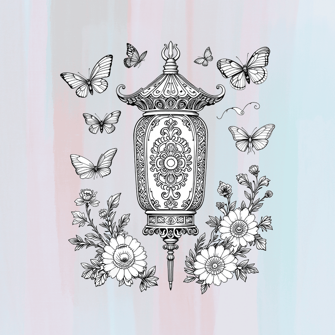 Ornate Lantern with Butterflies and Floral T-shirt Design preview image.