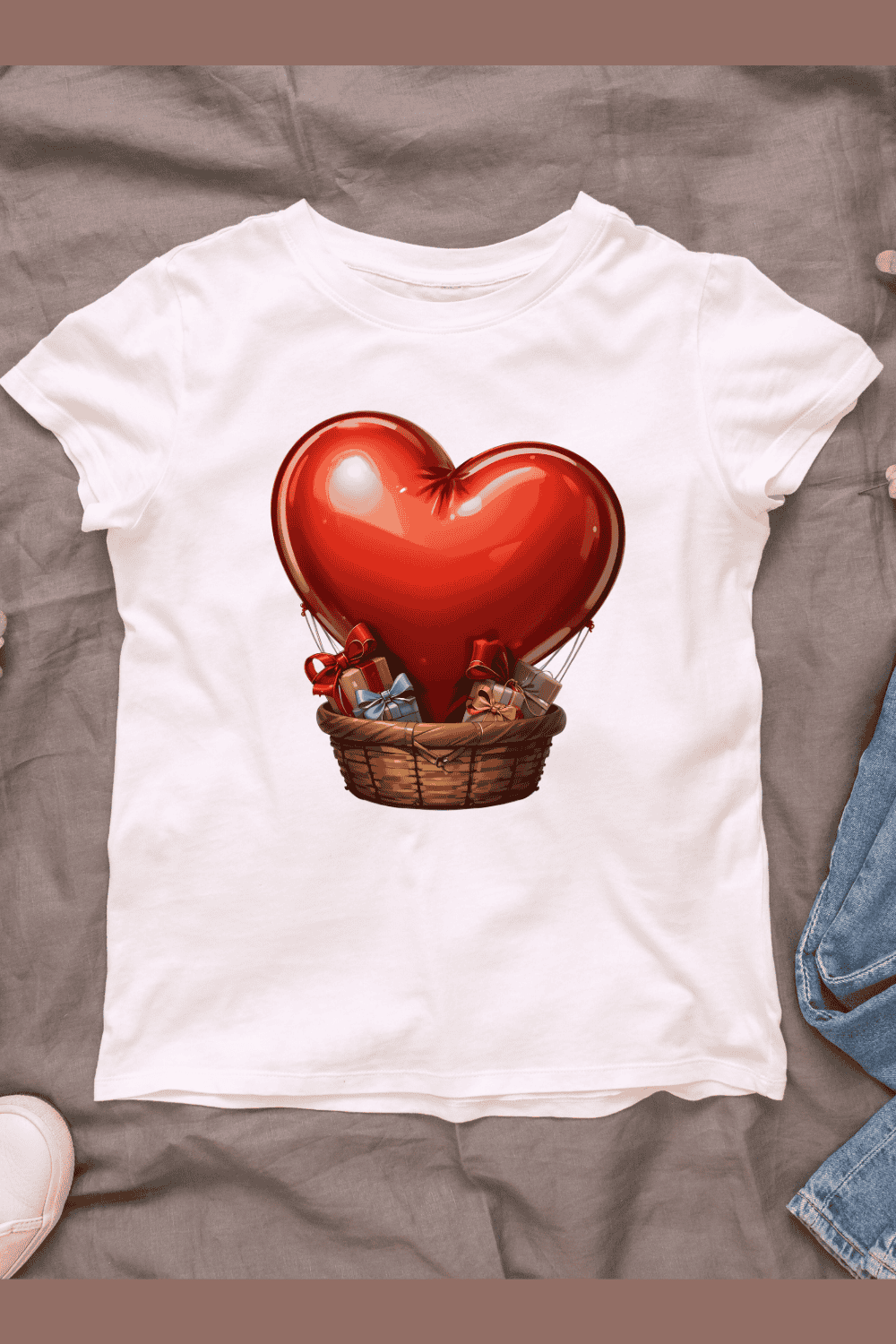 Heart Balloon with Gifts in Basket T-shirt Design pinterest preview image.