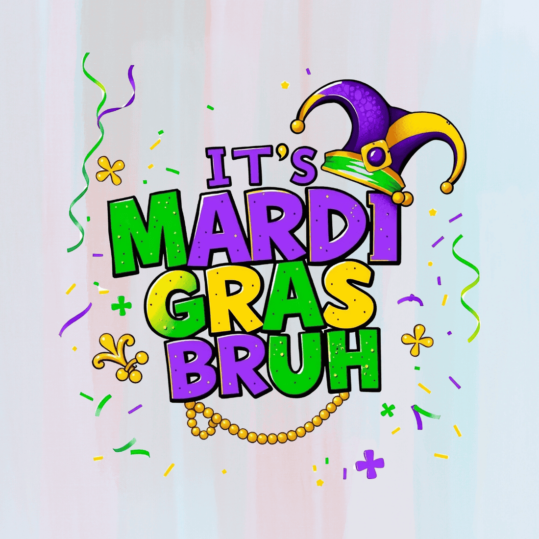 Whimsical Mardi Gras Text Art T-shirt Design preview image.