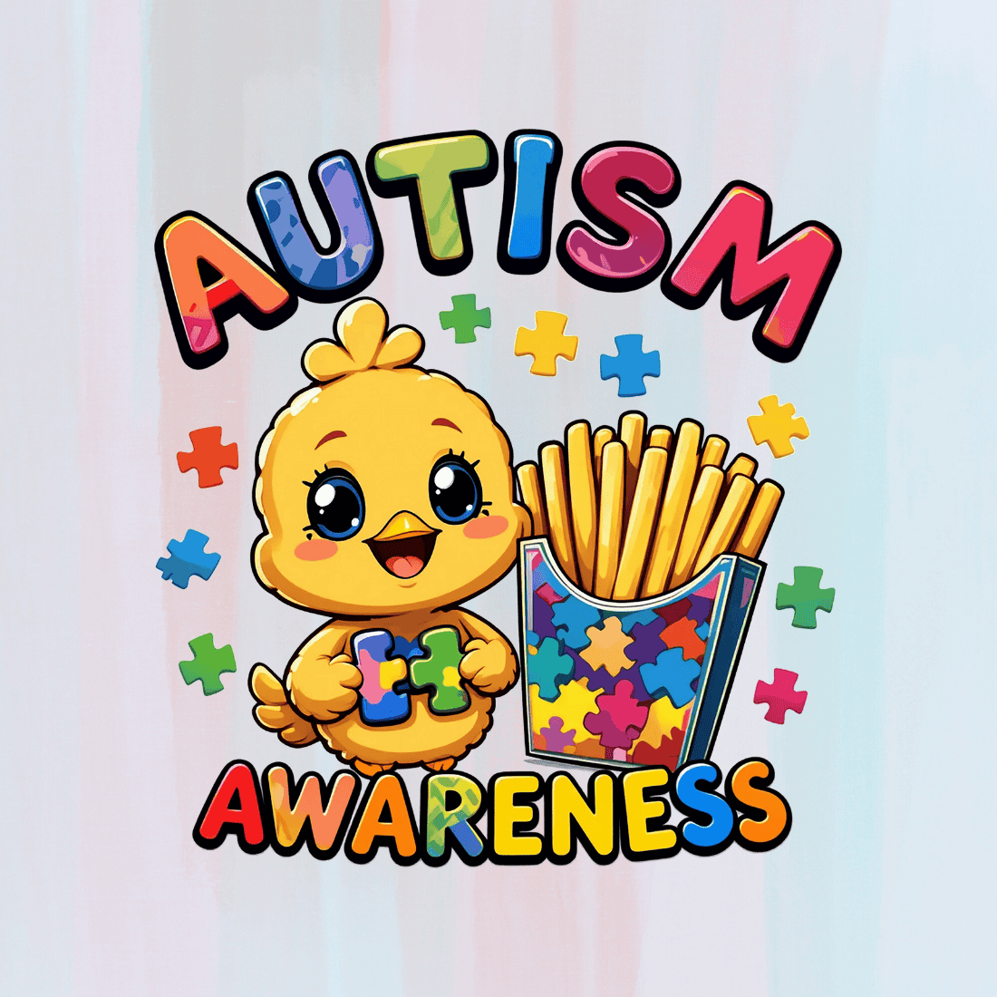 Autism awareness cartoon chick character with French fries and colorful puzzle pieces T-Shirt Design preview image.