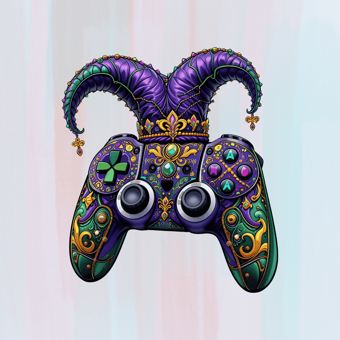 Ornate Jester Hat and Mask on a Game Controller T-shirt Design preview image.