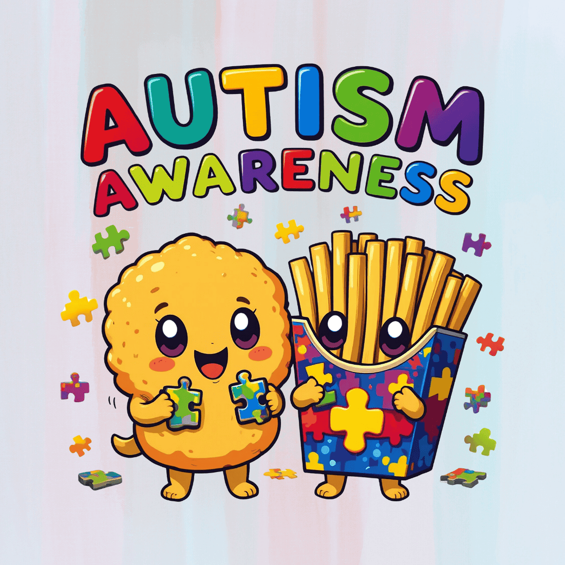 Cute Food Characters Autism Awareness T-Shirt Design preview image.