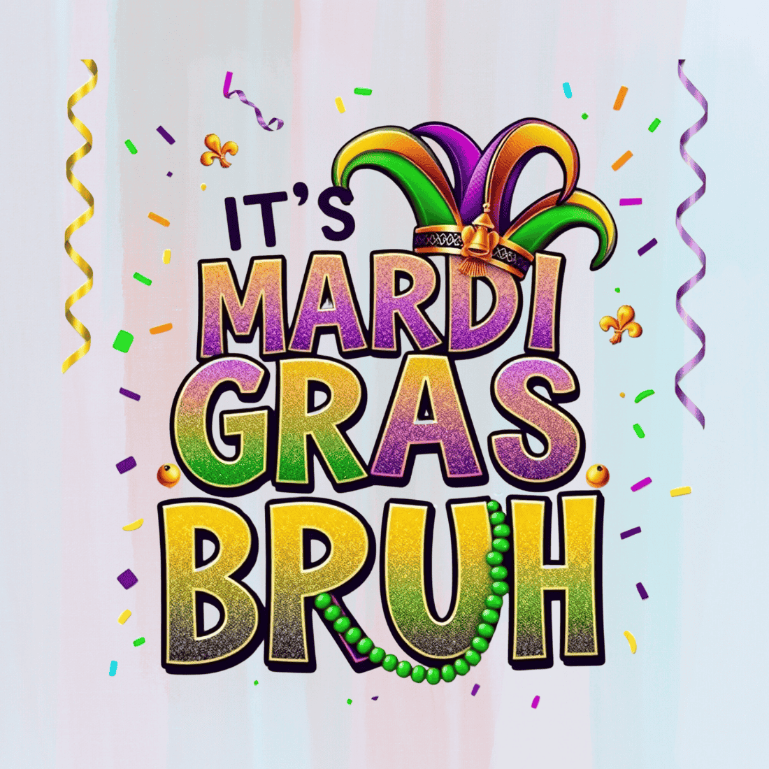 Vibrant Mardi Gras Glitter Letters T-shirt Design preview image.