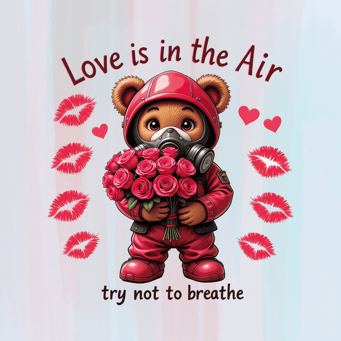 Teddy Bear with Gas Mask, Roses, and Love is in the Air Quote T-shirt Design preview image.