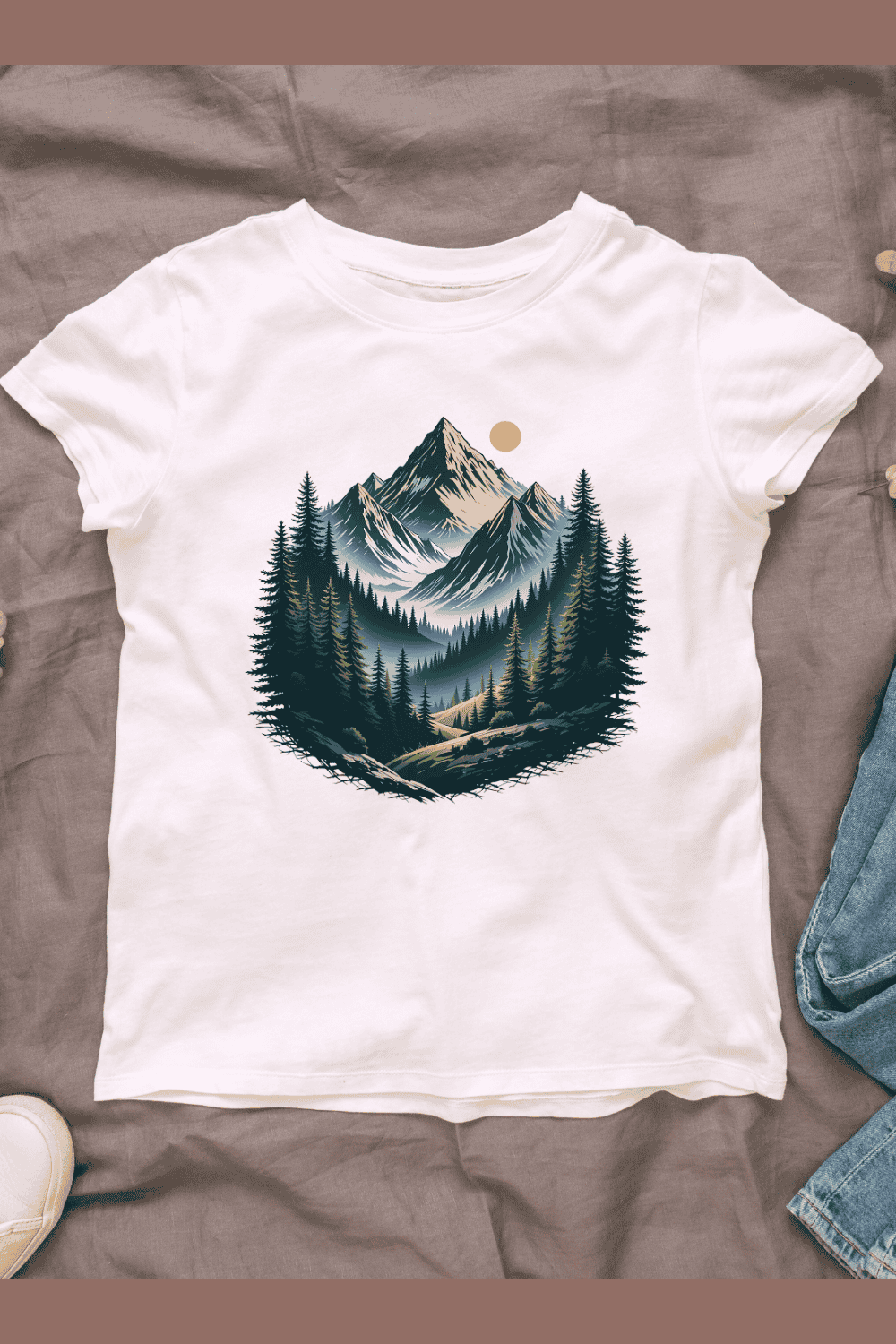 Nature with Mountains and Forest T-shirt Design pinterest preview image.