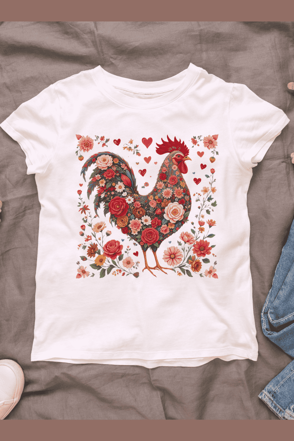 Floral Pattern Rooster With Red Roses T-shirt Design pinterest preview image.