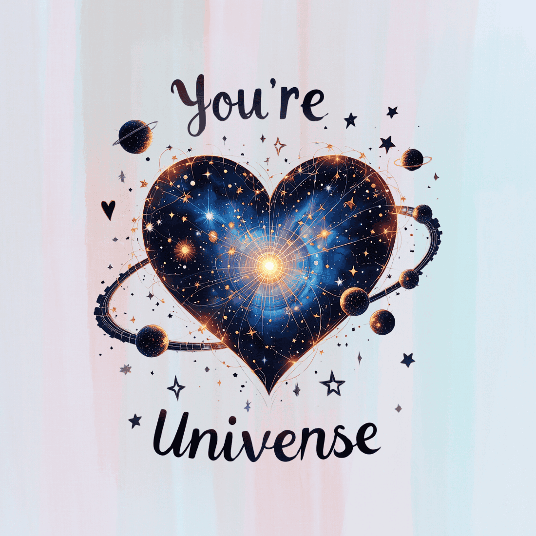 Galaxy Heart with Planets and Stars, You're My Universe Text T-shirt Design preview image.