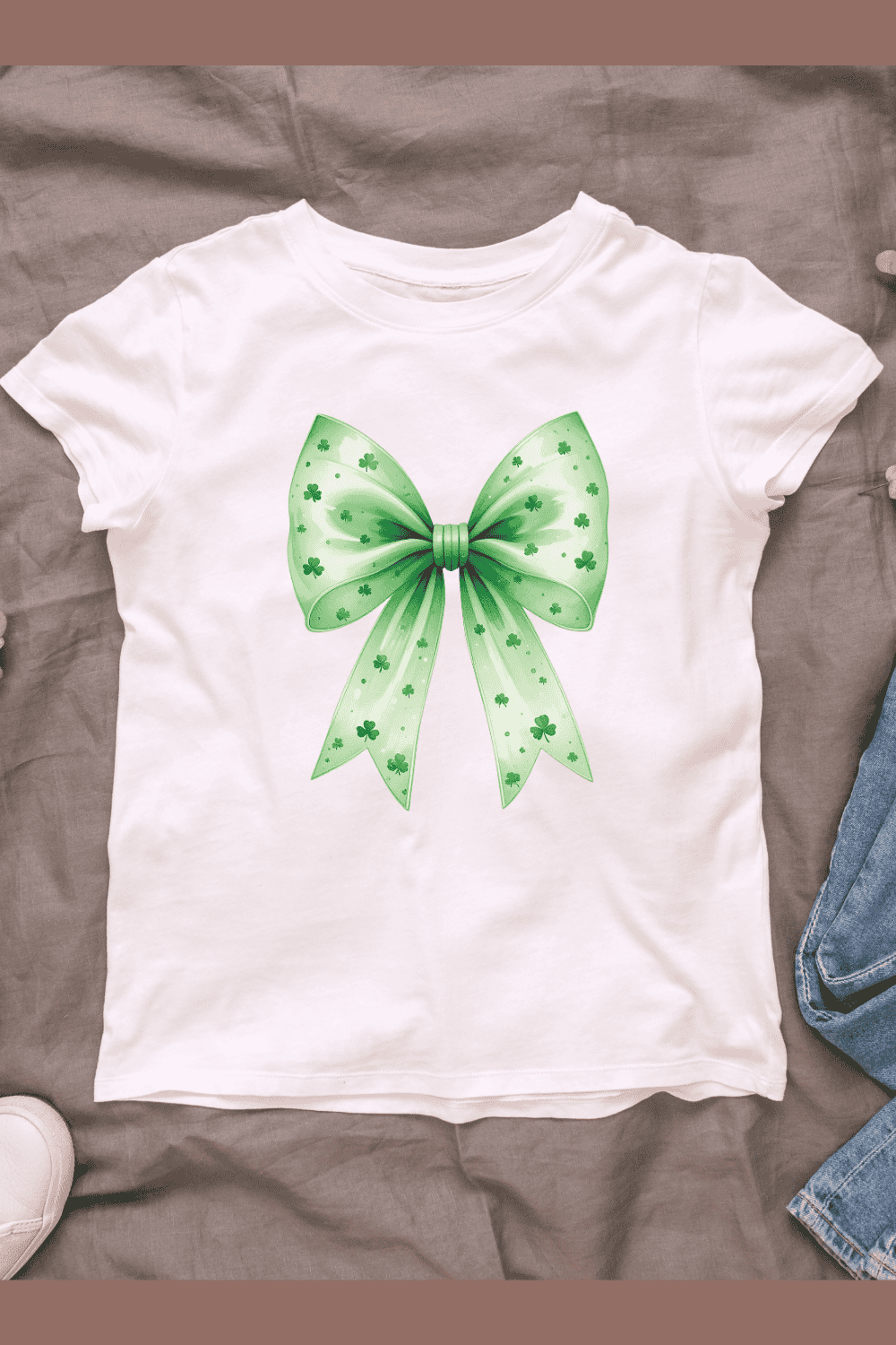 St Patrick's Day Large green bow shamrock T-Shirt Design pinterest preview image.