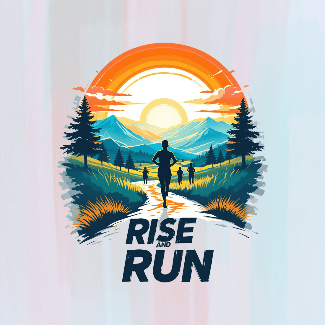 Silhouette Runners at Sunrise with Rise and Run Quote T-shirt Design preview image.