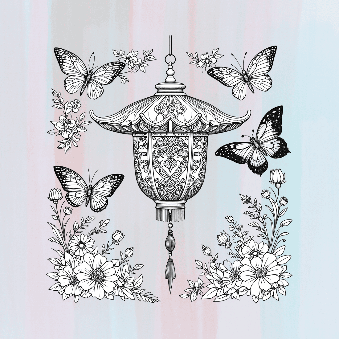 Lantern with Butterflies and Blooming Flowers T-shirt Design preview image.