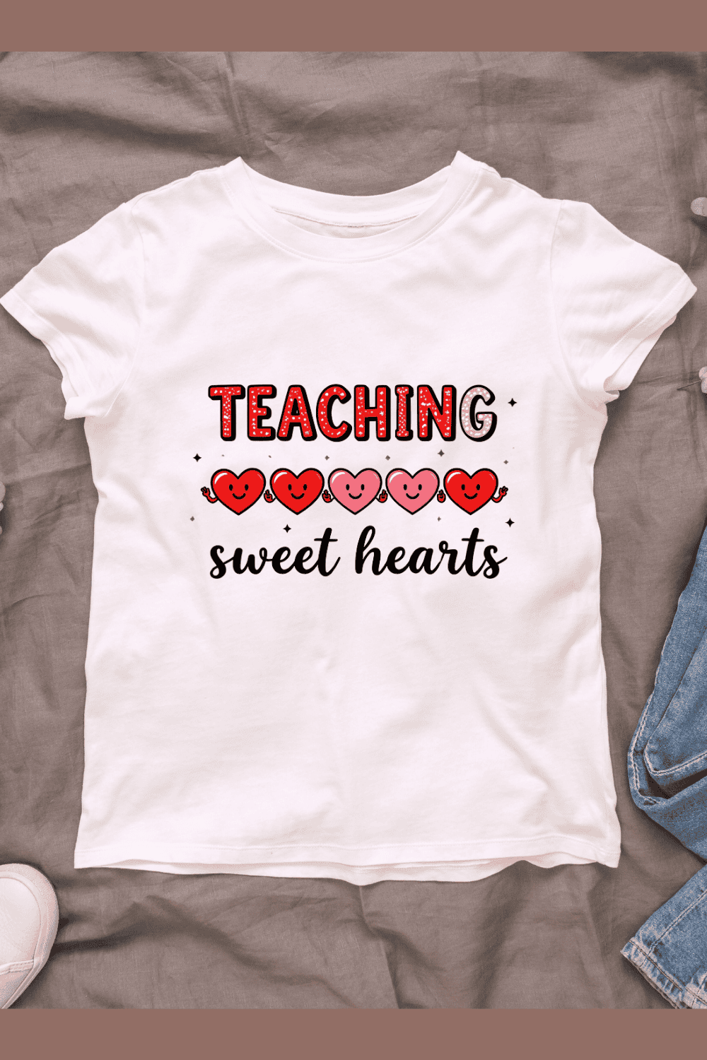 Typography "Teaching sweet hearts" with Smiley faces on hearts T-Shirt Design pinterest preview image.