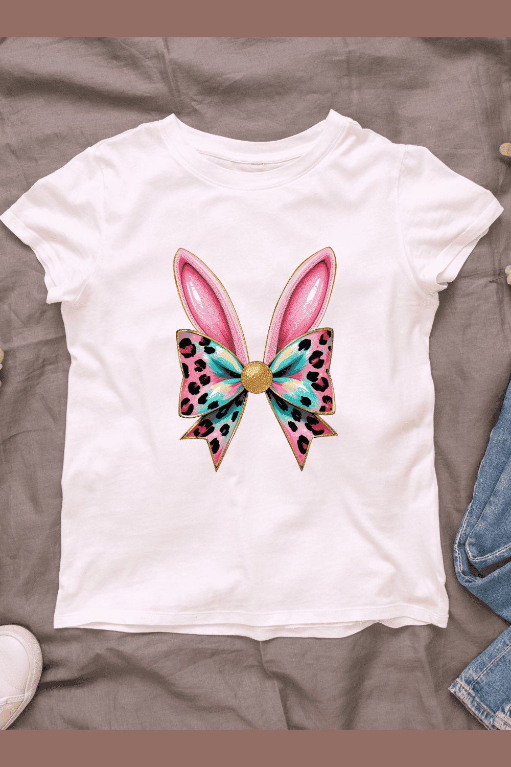 Whimsical Fairytale Bow with Bunny ears T-shirt Design pinterest preview image.