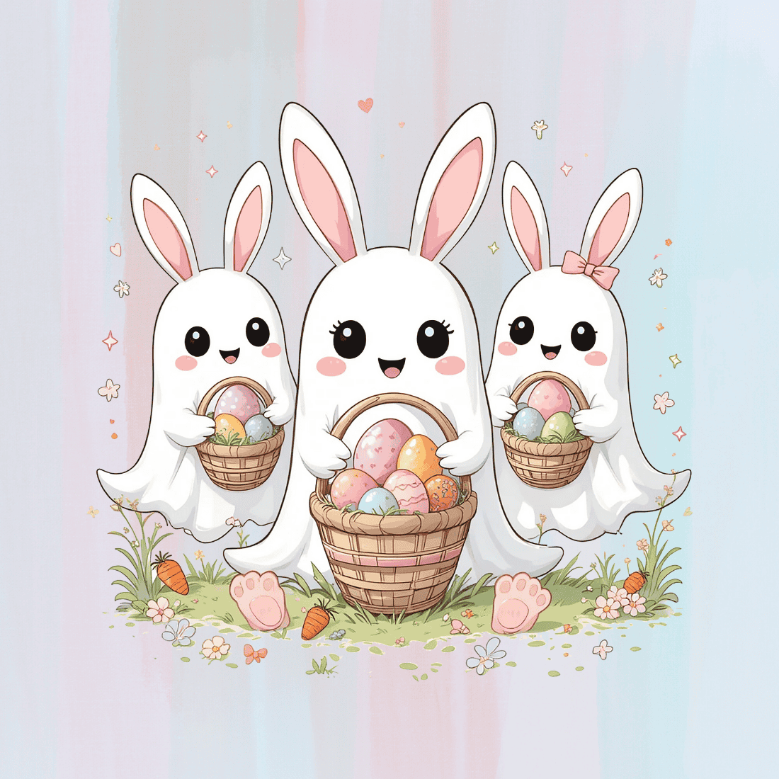 Rabbit ear ghost with wicker baskets of eggs T-shirt Design preview image.