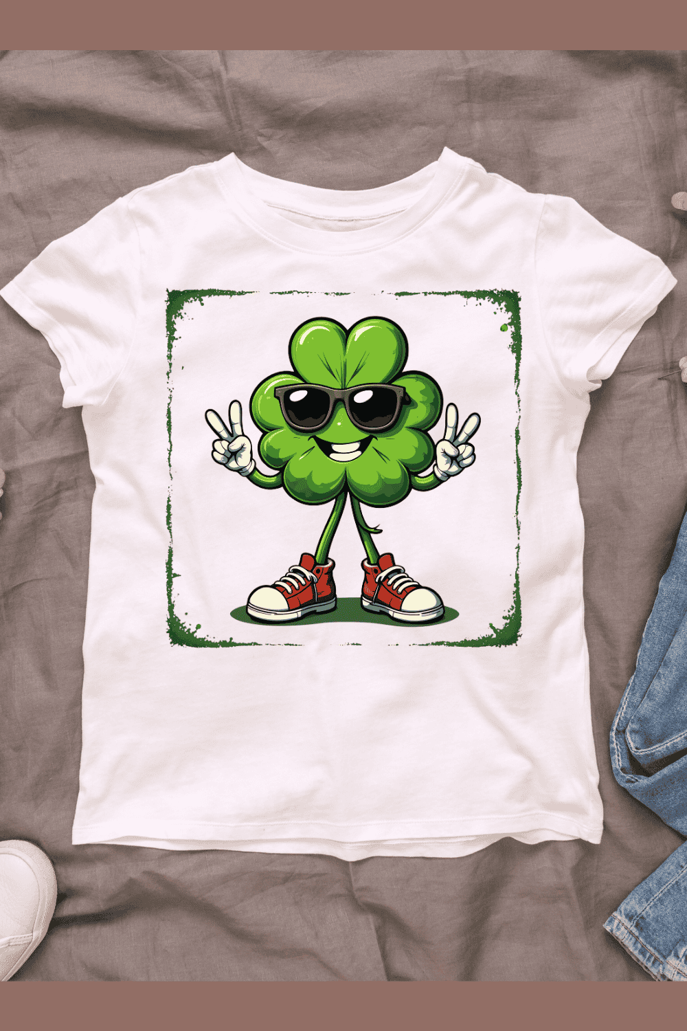 Cute Green Clover Mascot T-shirt Design pinterest preview image.