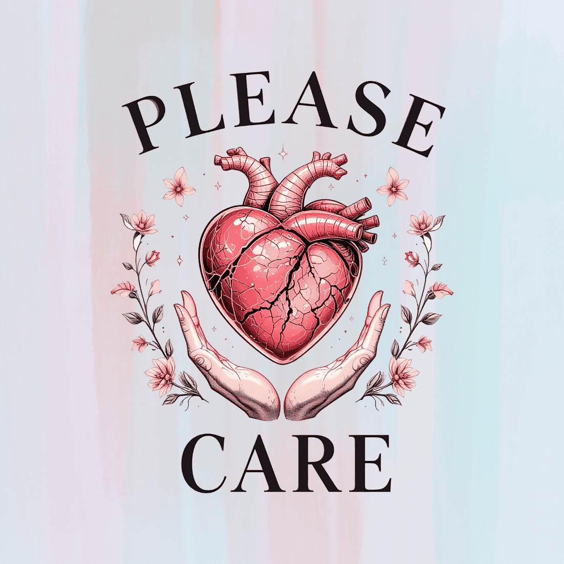 Anatomical heart with Please Care typography T-shirt Design preview image.