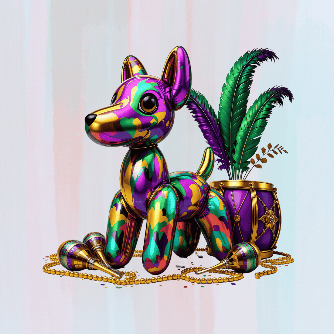 Colorful Dog with Mardi Gras Beads T-shirt Design preview image.