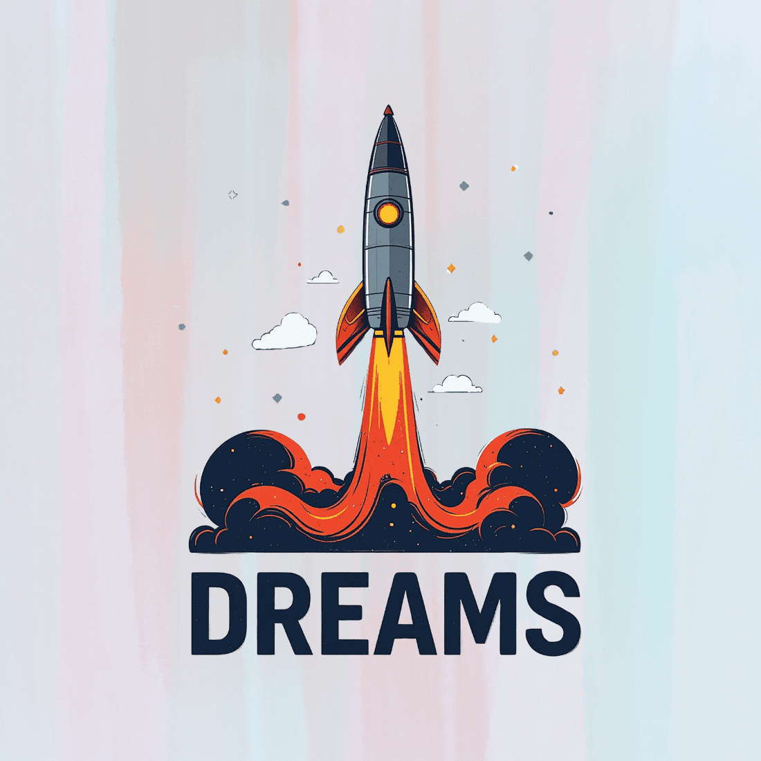 Retro rocket ship with white text DREAMS T-shirt Design preview image.