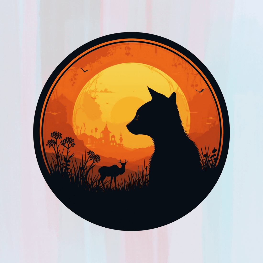 Retro Silhouette Cat and Deer at Sunset T-Shirt Design preview image.