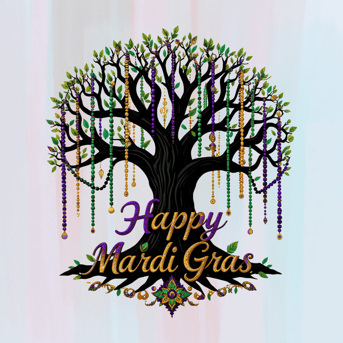 Mardi Gras celebration tree with colorful beads hanging T-Shirt Design preview image.